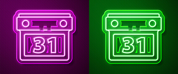 Glowing neon line Calendar icon isolated on purple and green background. Event reminder symbol. Vector Illustration.