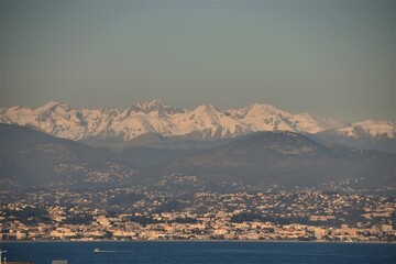 Snow-capped mountains in South of France view from Antibes