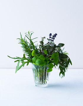 Bunch of herbs in a glass on white background