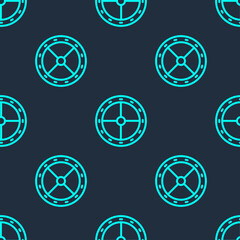 Green line Round wooden shield icon isolated seamless pattern on blue background. Security, safety, protection, privacy, guard concept. Vector.