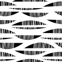 Abstract mono print style tribal foliage seamless vector pattern background. Simple lino cut effect horizontal rows of offset textured leaves.Black and white repeat backdrop. Geometric all over print.