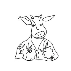Vector illustration of a festive bull in doodle style.July picture of a bull symbol of the year 2021.Cow with black hand drawn line.Design for printing,calendar,coloring,cards,poster.