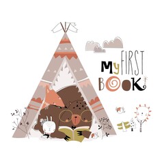 Cartoon funny animals reading book in a teepee tent © Maria Starus