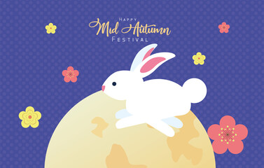 mid autumn celebration card with rabbit running and moon