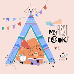 Cartoon funny animals reading book in a teepee tent © Maria Starus