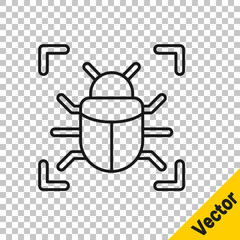 Black line System bug concept icon isolated on transparent background. Code bug concept. Bug in the system. Bug searching. Vector.