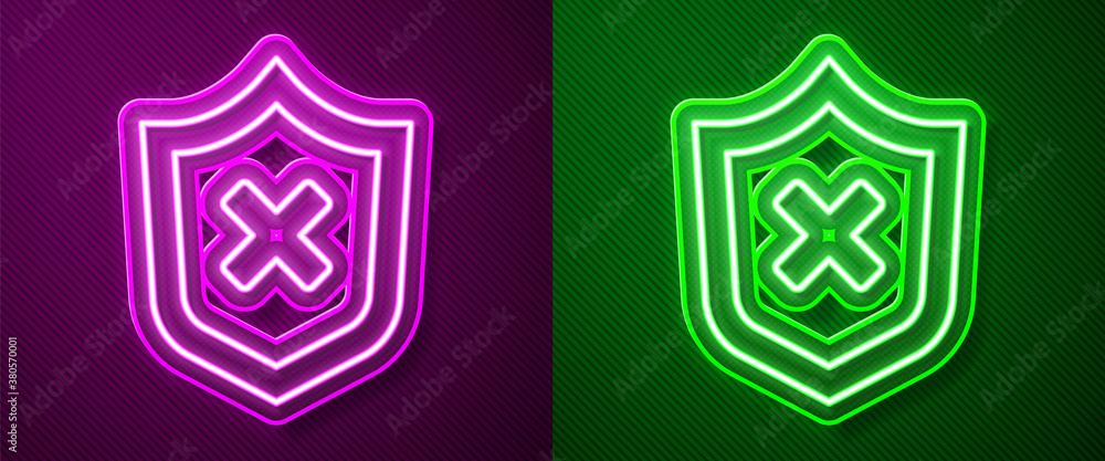 Poster glowing neon line shield with cross mark icon isolated on purple and green background. shield and re