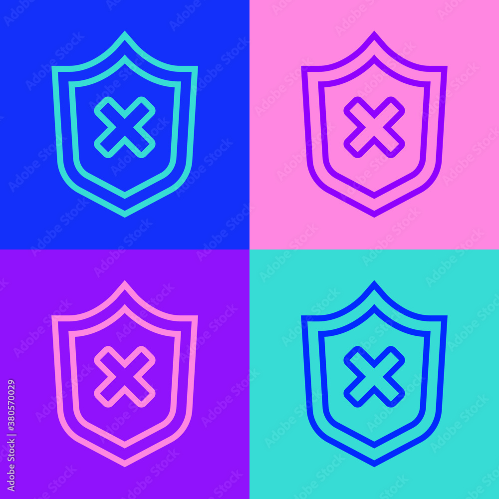 Poster pop art line shield with cross mark icon isolated on color background. shield and rejected. notice o