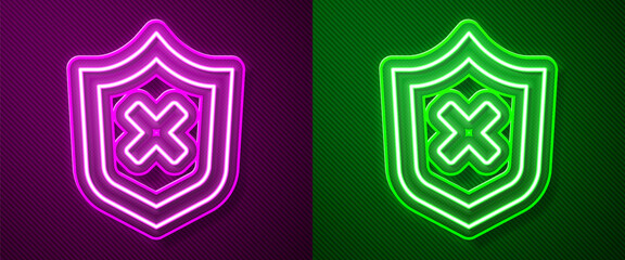 Glowing neon line Shield with cross mark icon isolated on purple and green background. Shield and rejected. Notice of refusal. Vector.
