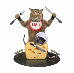 A cat with a knife and a fork is eating a piece of cheese from a granite tray. A rat helps him....