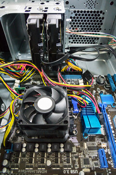 Open computer with motherboard