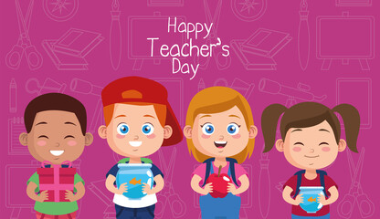 group of students kids with teachers day gifts