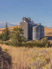 Grain silos and landscape in Dufur Oregon.