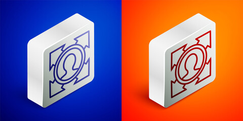 Isometric line Head hunting icon isolated on blue and orange background. Business target or Employment sign. Human resource and recruitment for business. Silver square button. Vector.