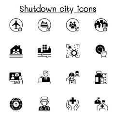 Set of Lock down city from virus crisis related vector icons. contains such Icons as Shutdown city, state quarantine, flight cancellation, business closed, and more.