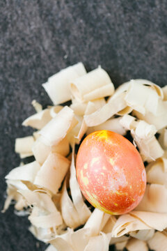 Easter: Marbled Easter Egg In Nest Of Wood Shavings