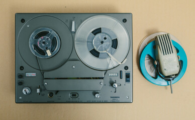 Vintage tape deck and microphone