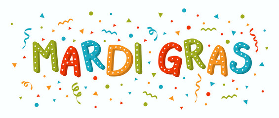 Concept of Mardi Gras carnival calligraphy with hand drawn party elements. Vector