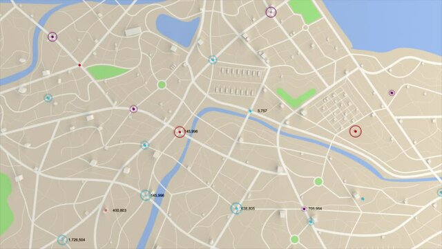 3D rendering GPS map navigator with a random counter number, different color of a destination point for transport concept, select focus shallow depth of field