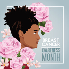 breast cancer awareness month campaign poster with afro woman and roses
