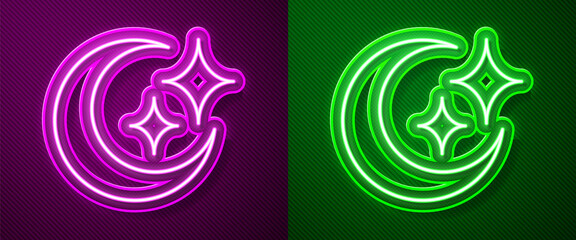 Glowing neon line Moon and stars icon isolated on purple and green background. Vector.