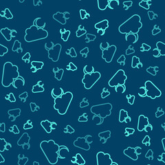 Green line Cloud with moon icon isolated seamless pattern on blue background. Cloudy night sign. Sleep dreams symbol. Night or bed time sign. Vector.