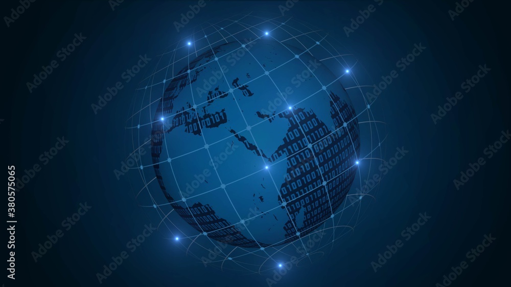 Poster abstract blue binary world map on polygonal space background in a grid sphere with connected points 