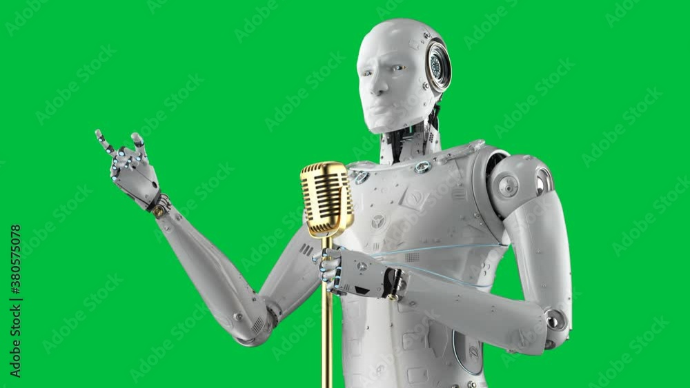 Poster 3d rendering robotic public speaker speaking with microphone on green screen background 4k footage