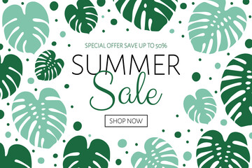 Summer sale - special offer. Banner with tropical leaves. Vector