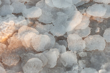 Close up texture of salt crystals in the water of the estuary. Full frame white abstract background of white crystals of salt