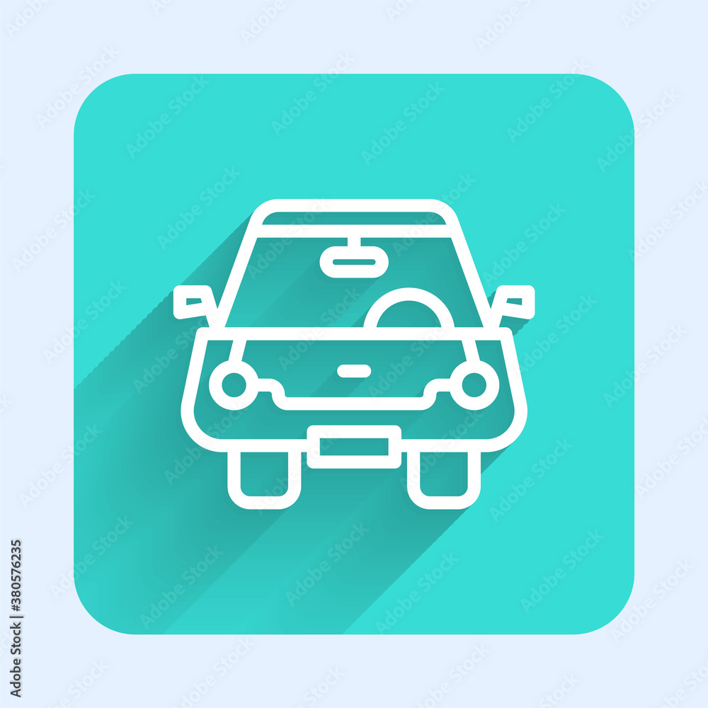 Poster white line car icon isolated with long shadow. front view. green square button. vector.