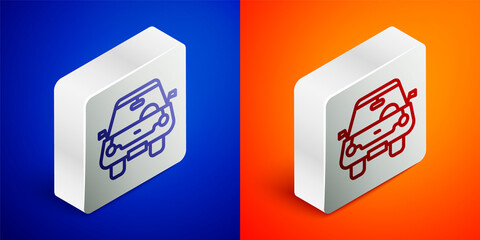 Isometric line Car icon isolated on blue and orange background. Front view. Silver square button. Vector.