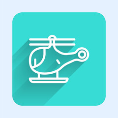 White line Helicopter aircraft vehicle icon isolated with long shadow. Green square button. Vector.