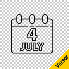 Black line Day calendar with date July 4 icon isolated on transparent background. USA Independence Day. 4th of July. Vector.