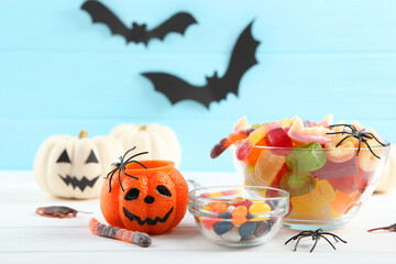 Halloween background with gingerbread and other sweets with place for text