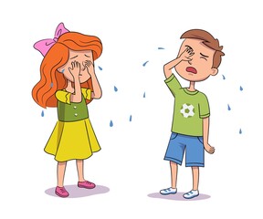 Sad girl and boy crying covering his face with hands. Isolated persons on white background. Vector character illustration of children gestures, emotions, types of moods.