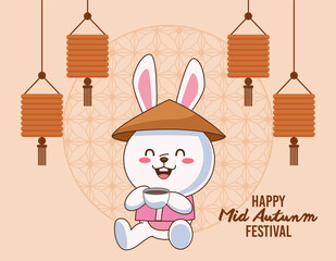 mid autumn celebration card with rabbit drinking tea and lanterns hanging