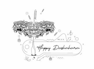 Rama killing Ravana with ten heads bow and arrow with text Happy Dussehra (Hindu holiday Vijayadashami)  festival of India.
