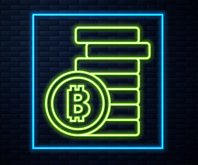 Glowing neon line Cryptocurrency coin Bitcoin icon isolated on brick wall background. Physical bit coin. Blockchain based secure crypto currency. Vector.