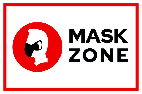 Mask zone warning prevention sign - human profile silhouette with face mask in white square frame - isolated vector information picture