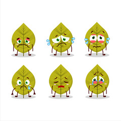 Green leaves cartoon character with sad expression