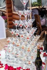 pyramid of glasses of wine, champagne.