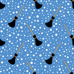 Cute colorful pattern with brooms and snow. Vector illustration great for festive background, decoration, cards, wallpaper, digital paper, wrapping paper, prints, fabrics, textile designs, etc.
