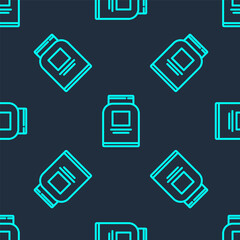 Green line Sports nutrition bodybuilding proteine power drink and food icon isolated seamless pattern on blue background. Vector.