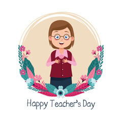 teacher woman wearing eyeglasses with teachers day lettering circular frame