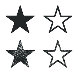 Star shape icon. Vector illustration image. Rating and review symbol with grunge texture. Decoration and advertising sign. Scratch tag and label. Black silhouette isolated on white background.
