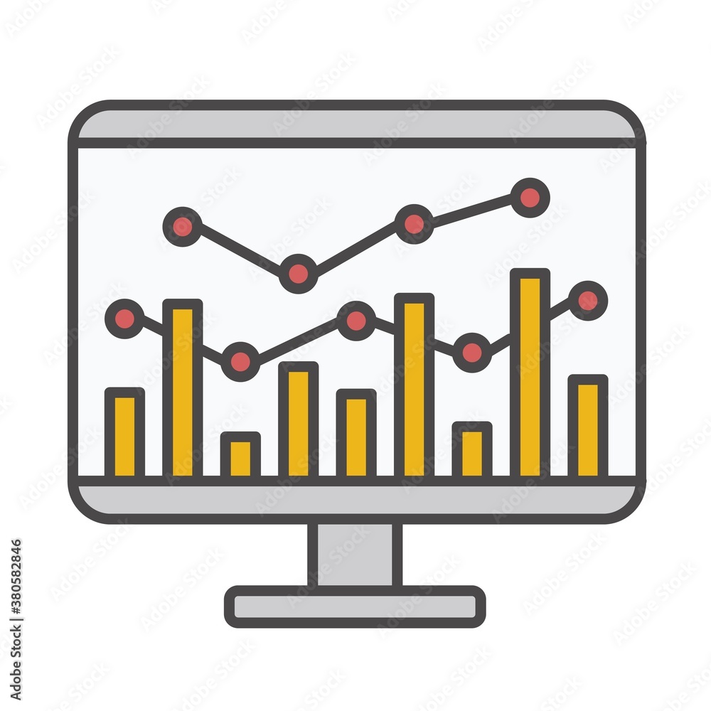 Poster desktop computer screen with financial charts vector icon for computer and mobile phone apps