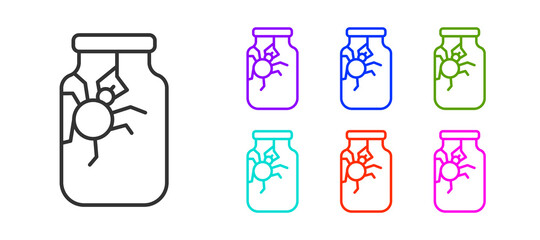 Black line Spider in jar icon isolated on white background. Happy Halloween party. Set icons colorful. Vector.