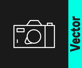 White line Photo camera icon isolated on black background. Foto camera icon. Vector.
