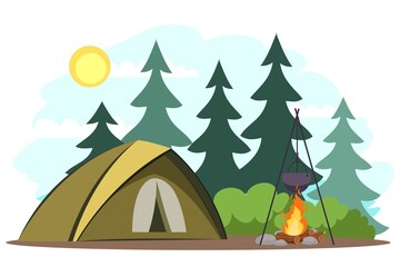 Traveling and camping background. Tent and campfire with boiling bot in forest. Tourist outdoor scene vector illustration. Sunny beautiful day, scenic horizontal panorama